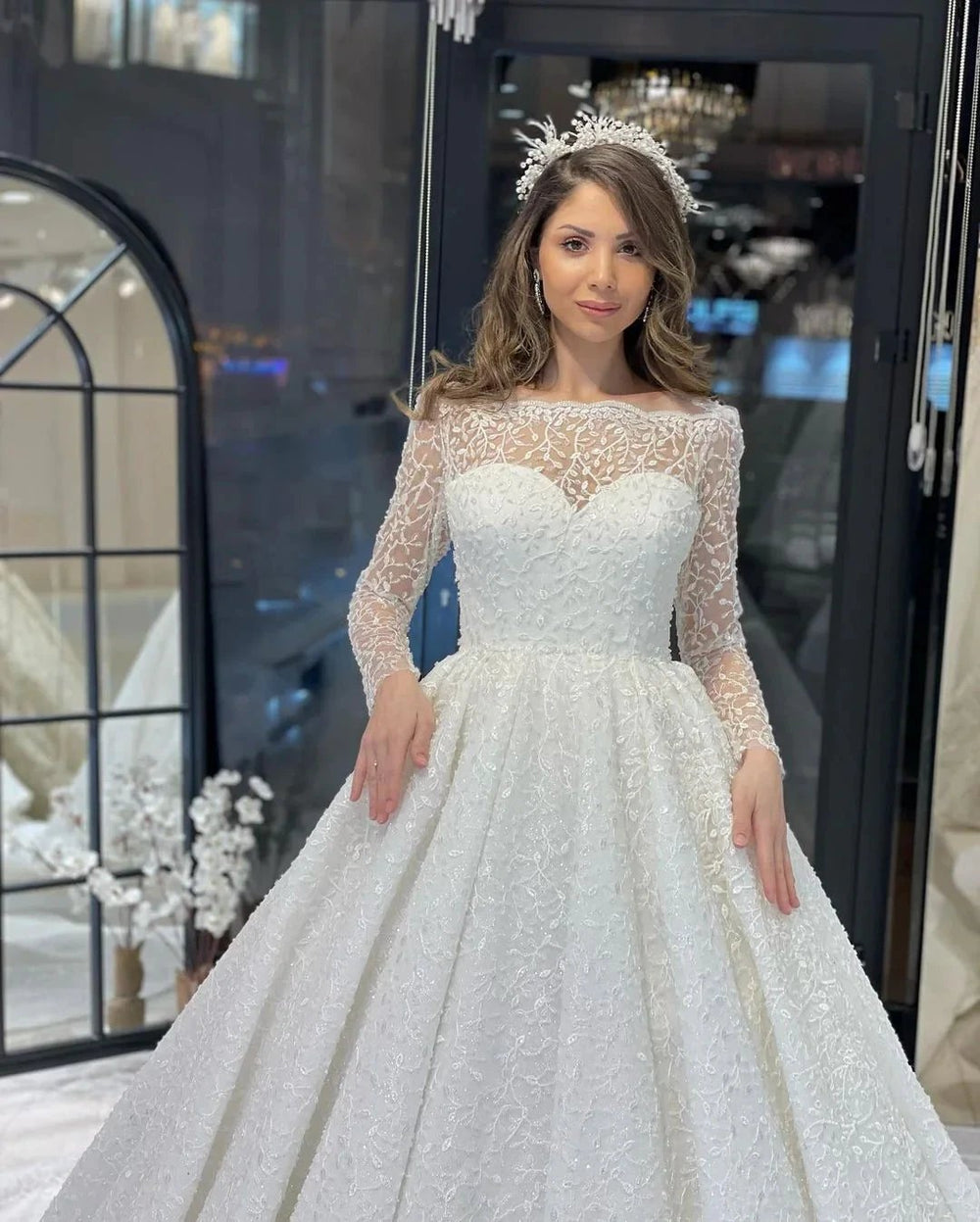 Deluxe Floor Length Long Sleeves A-Line Lace Wedding Dress with Ruffles by misshow.com