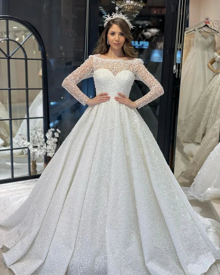 Deluxe Floor Length Long Sleeves A-Line Lace Wedding Dress with Ruffles by misshow.com