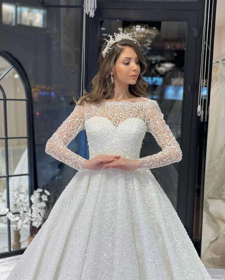 Deluxe Floor Length Long Sleeves A-Line Lace Wedding Dress with Ruffles by misshow.com