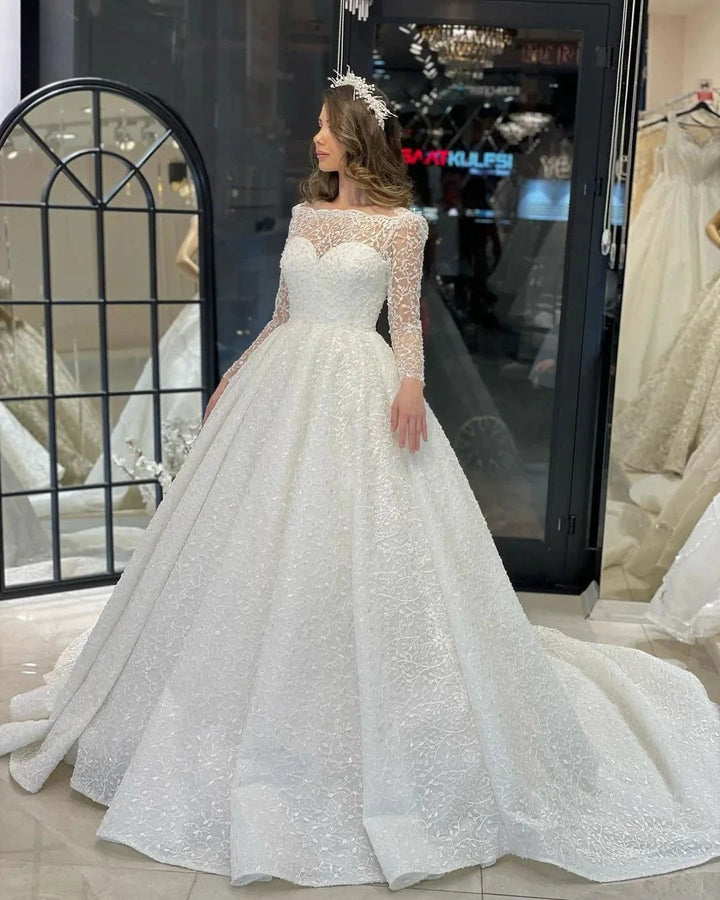 Deluxe Floor Length Long Sleeves A-Line Lace Wedding Dress with Ruffles by misshow.com