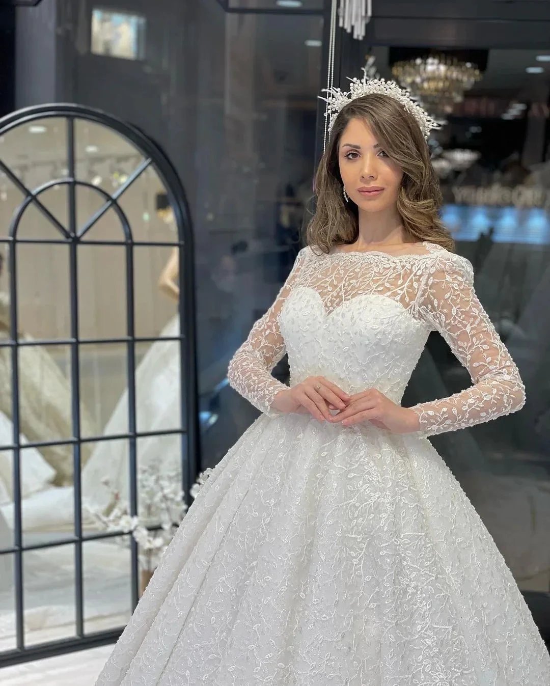 Deluxe Floor Length Long Sleeves A-Line Lace Wedding Dress with Ruffles by misshow.com
