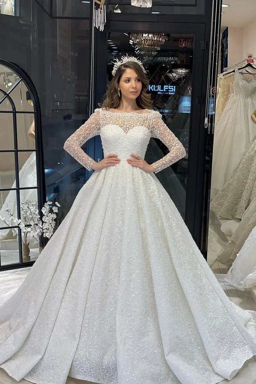 Deluxe Floor Length Long Sleeves A-Line Lace Wedding Dress with Ruffles by misshow.com