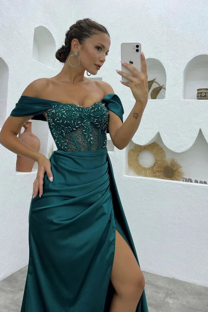 Deluxe Floor Length Off-The-Shoulder Sleeveless Mermaid Satin Prom Dress with Split by misshow.com