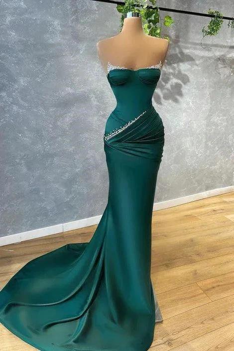 Deluxe Floor Length Sleeveless Mermaid Satin Prom Dress with Ruffles by misshow.com