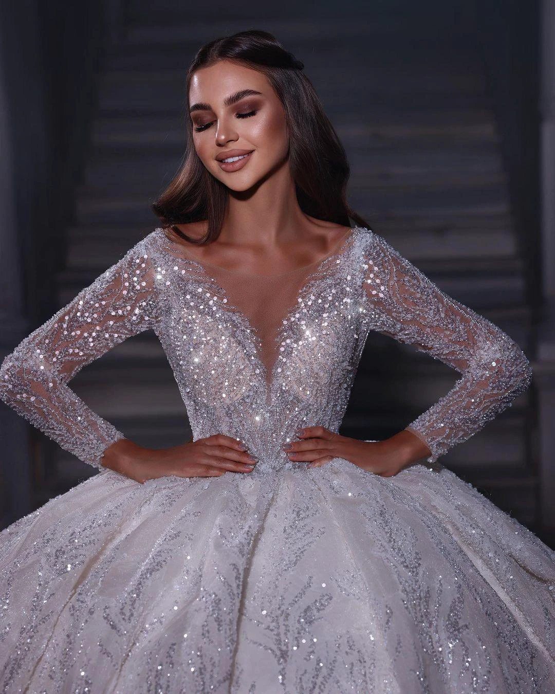 Deluxe Floor Length Sweetheart Long Sleeves A-Line Sequined Wedding Dress with Ruffles by misshow.com