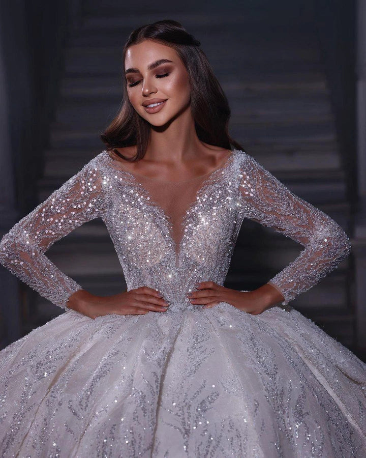 Deluxe Floor Length Sweetheart Long Sleeves A-Line Sequined Wedding Dress with Ruffles by misshow.com