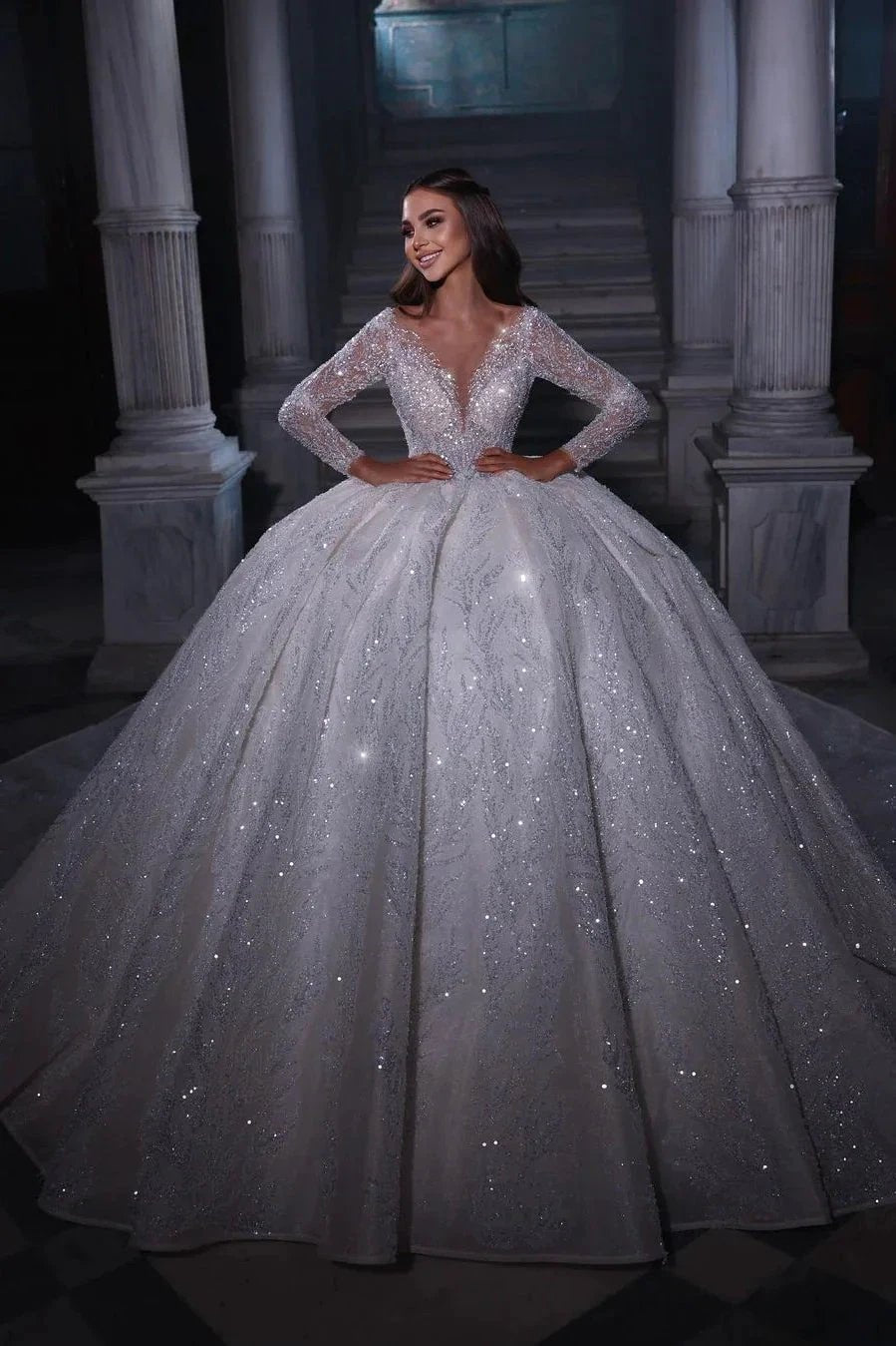 Deluxe Floor Length Sweetheart Long Sleeves A-Line Sequined Wedding Dress with Ruffles by misshow.com