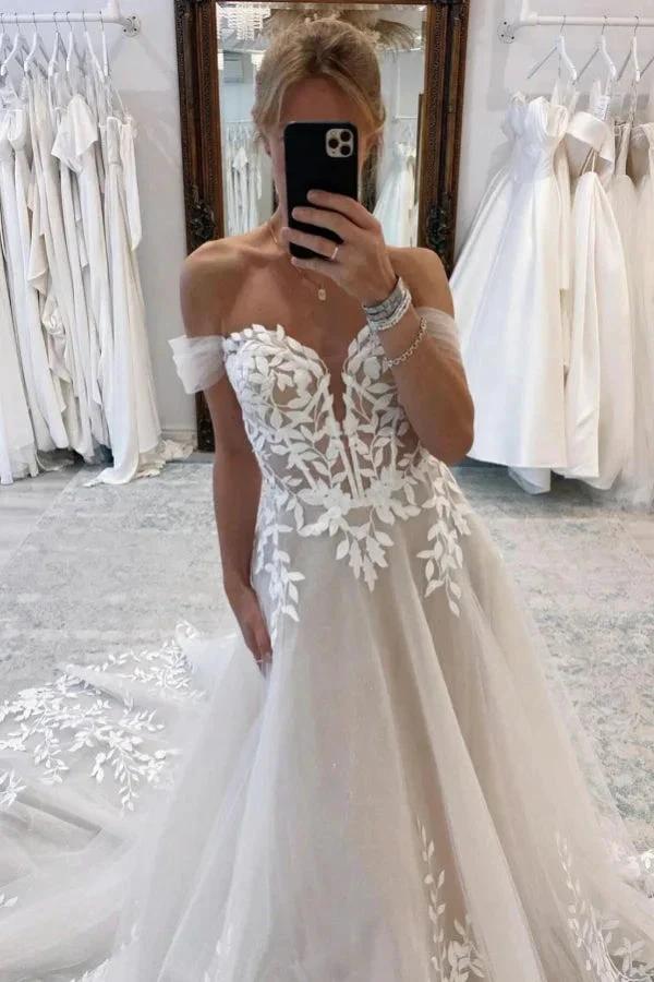 Elegant Long A-line Off-the-shoulder V-neck Appliques Wedding Dress by misshow.com