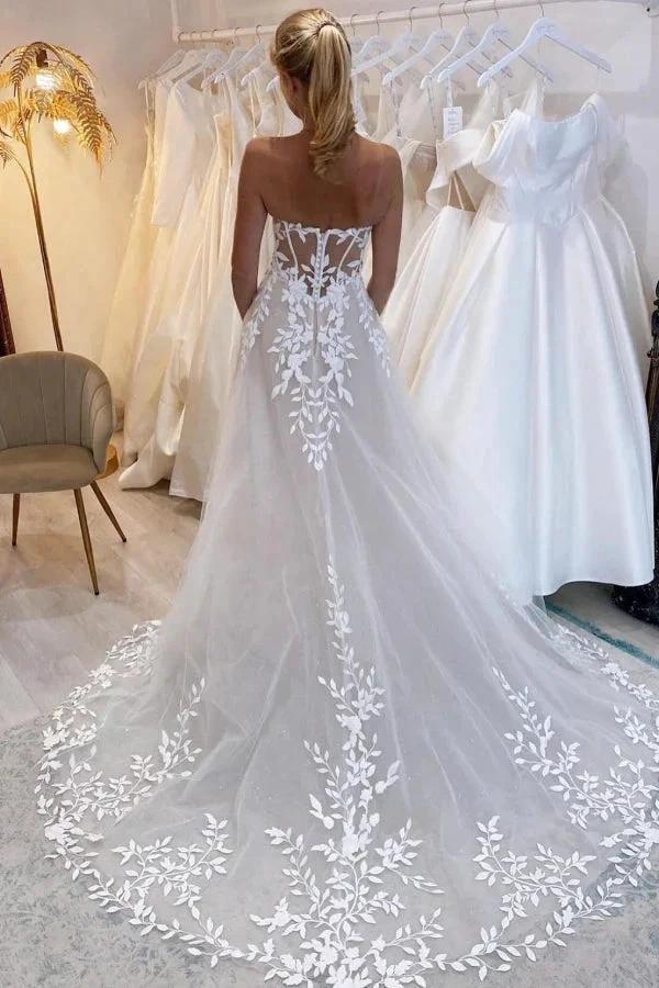 Elegant Long A-line Off-the-shoulder V-neck Appliques Wedding Dress by misshow.com