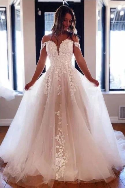 Designer A-Line Off-the-shoulder V-neck Wedding Dresses With Lace by misshow.com