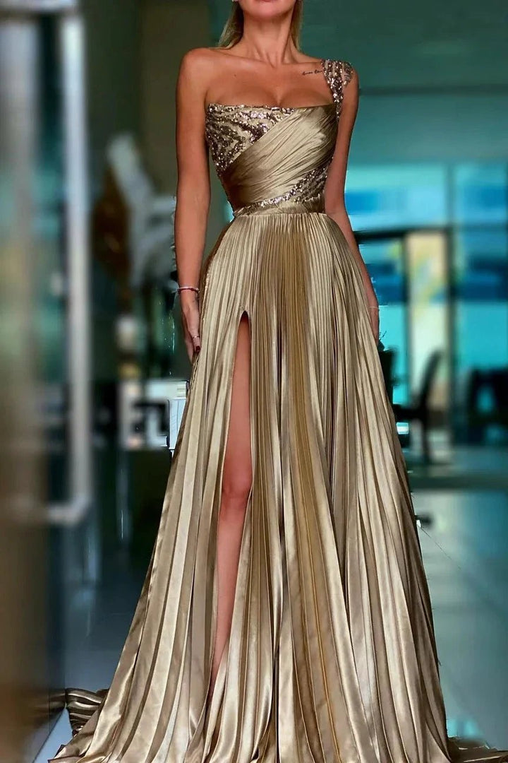 Designer A-line One Shoulder Sequined Prom Dress With Slit by misshow.com
