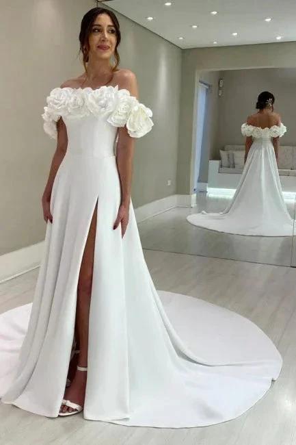 Designer A-Line Satin Off-The-Shoulder Sleeveless White Wedding Dresses With Split by misshow.com