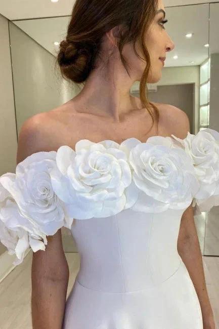 Designer A-Line Satin Off-The-Shoulder Sleeveless White Wedding Dresses With Split by misshow.com