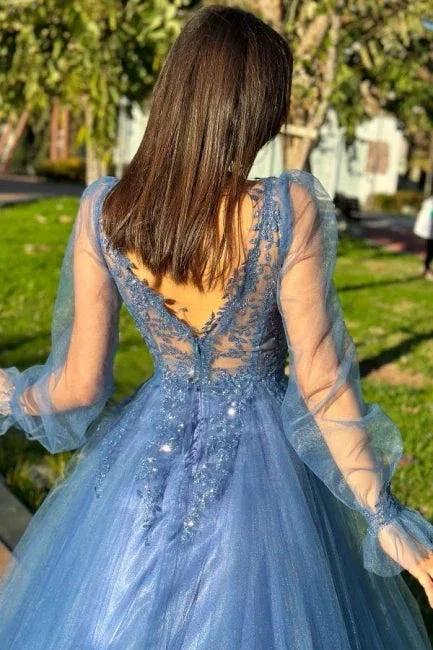 Designer A-Line Tulle V-Neck Long Sleeve Prom Dress With Appliques by misshow.com