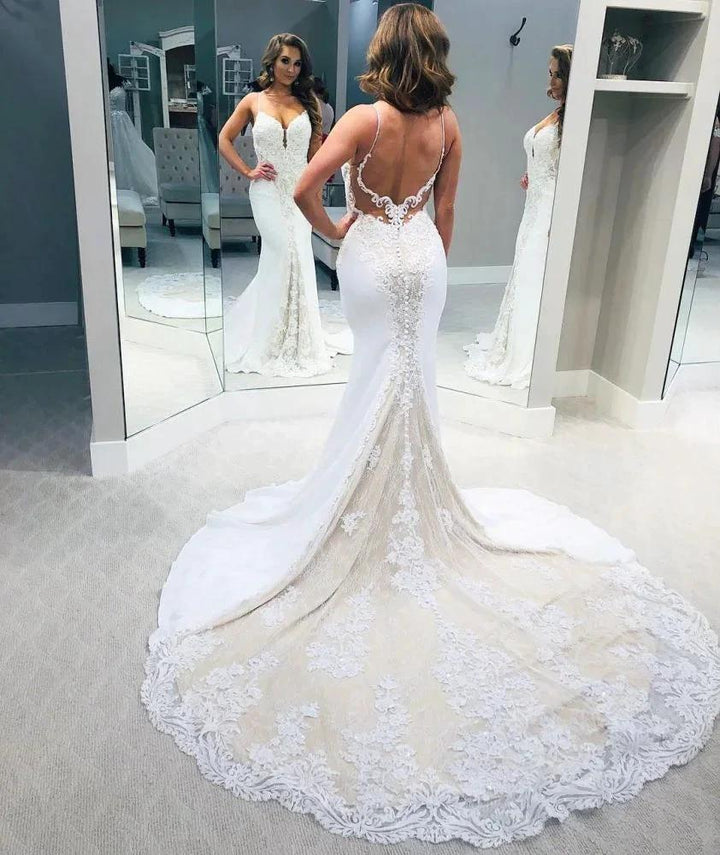 Designer Backless Spaghetti-Straps Column Wedding Dress by misshow.com