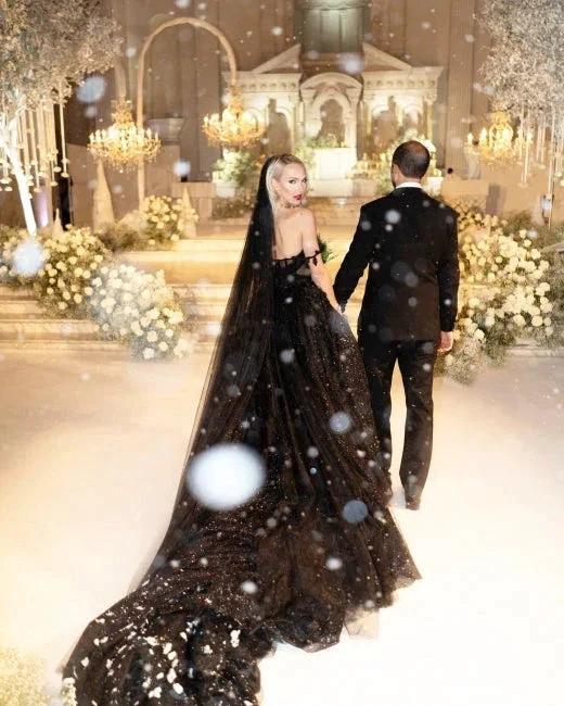 Designer Black A-Line Off-the-shoulder Glitter Wedding Dresses With Lace by misshow.com