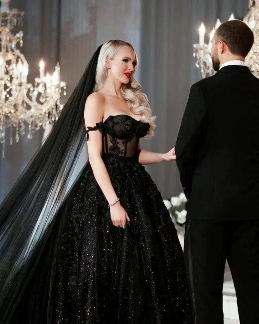 Designer Black A-Line Off-the-shoulder Glitter Wedding Dresses With Lace by misshow.com