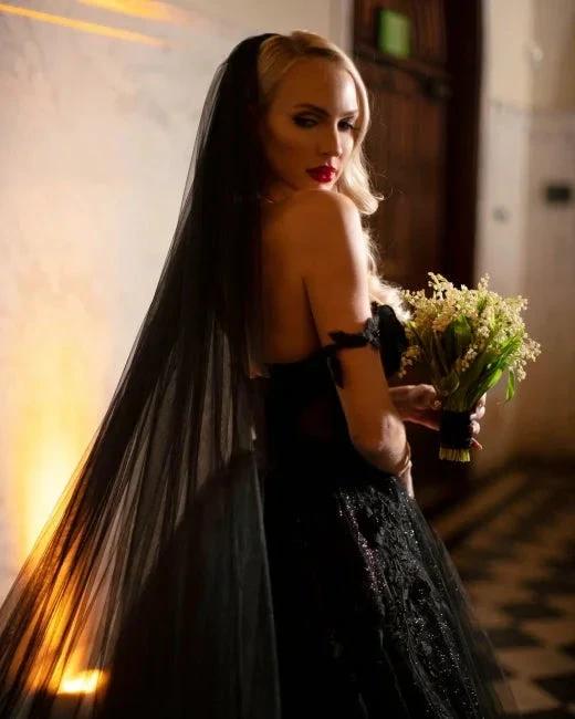 Designer Black A-Line Off-the-shoulder Glitter Wedding Dresses With Lace by misshow.com
