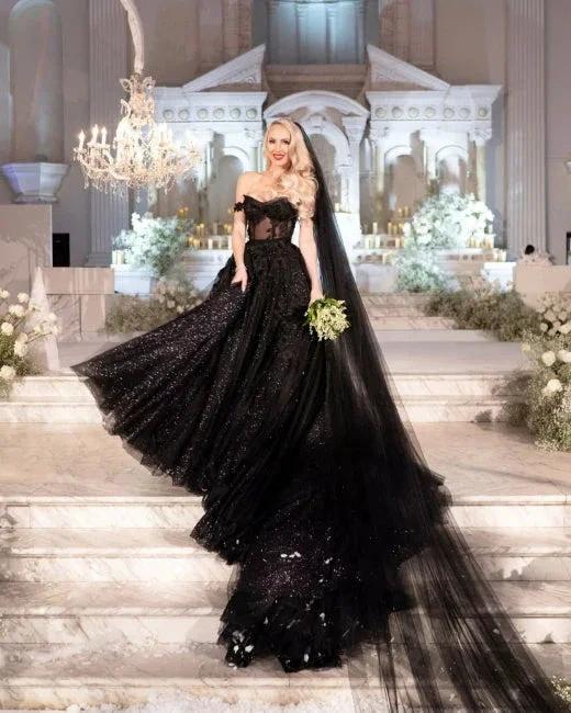 Designer Black A-Line Off-the-shoulder Glitter Wedding Dresses With Lace by misshow.com