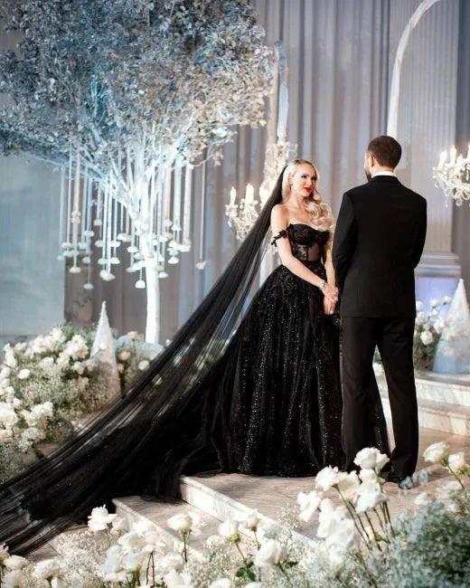 Designer Black A-Line Off-the-shoulder Glitter Wedding Dresses With Lace by misshow.com
