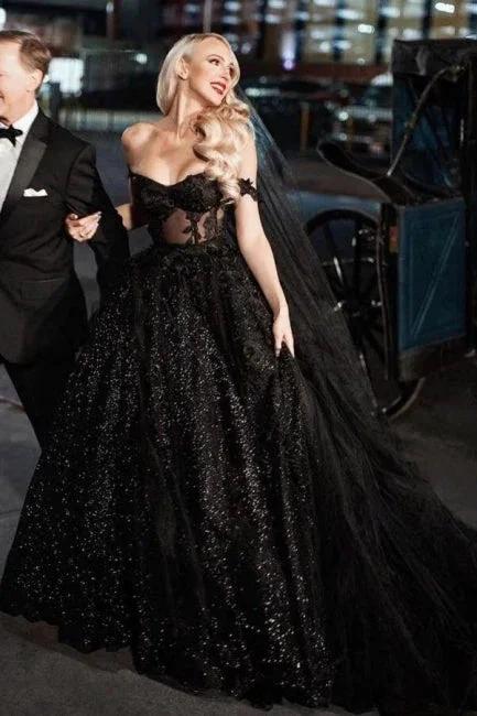 Designer Black A-Line Off-the-shoulder Glitter Wedding Dresses With Lace by misshow.com