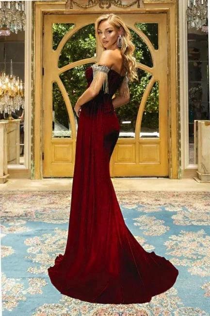 Designer Burgundy Off-the-shoulder Velvet Long Prom Dresses Evening Gowns With Slit by misshow.com