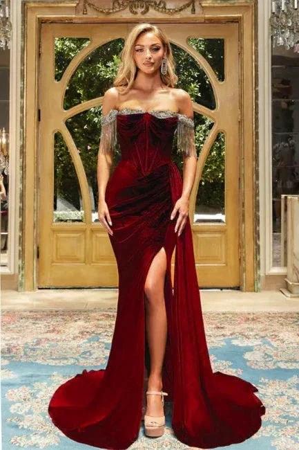 Designer Burgundy Off-the-shoulder Velvet Long Prom Dresses Evening Gowns With Slit by misshow.com