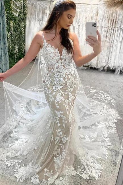 Designer Column Lace Spaghetti Straps Sleeveless Ivory Wedding Dresses With Appliques Train by misshow.com
