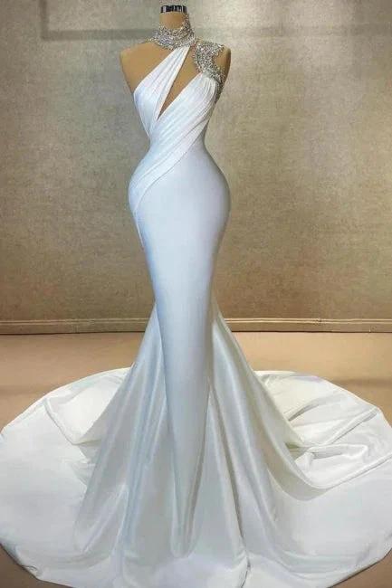 Designer Column Satin High Neck Sleeveless White Long Prom Dress With Ruffles by misshow.com