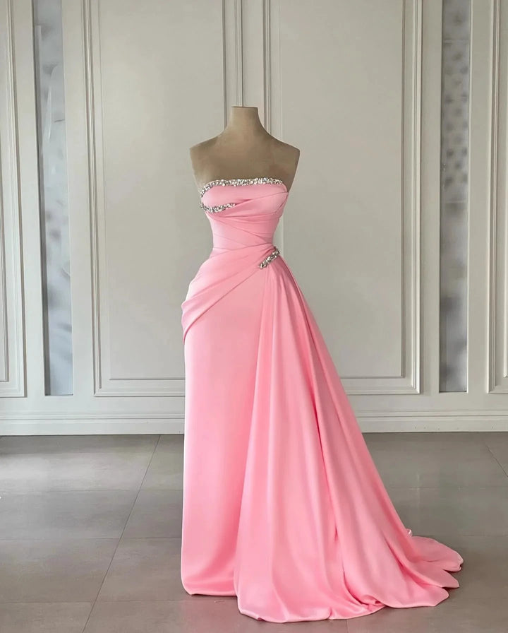 Designer Column Satin Strapless Sleeveless Pink Prom Dresses With Rhinestone by misshow.com