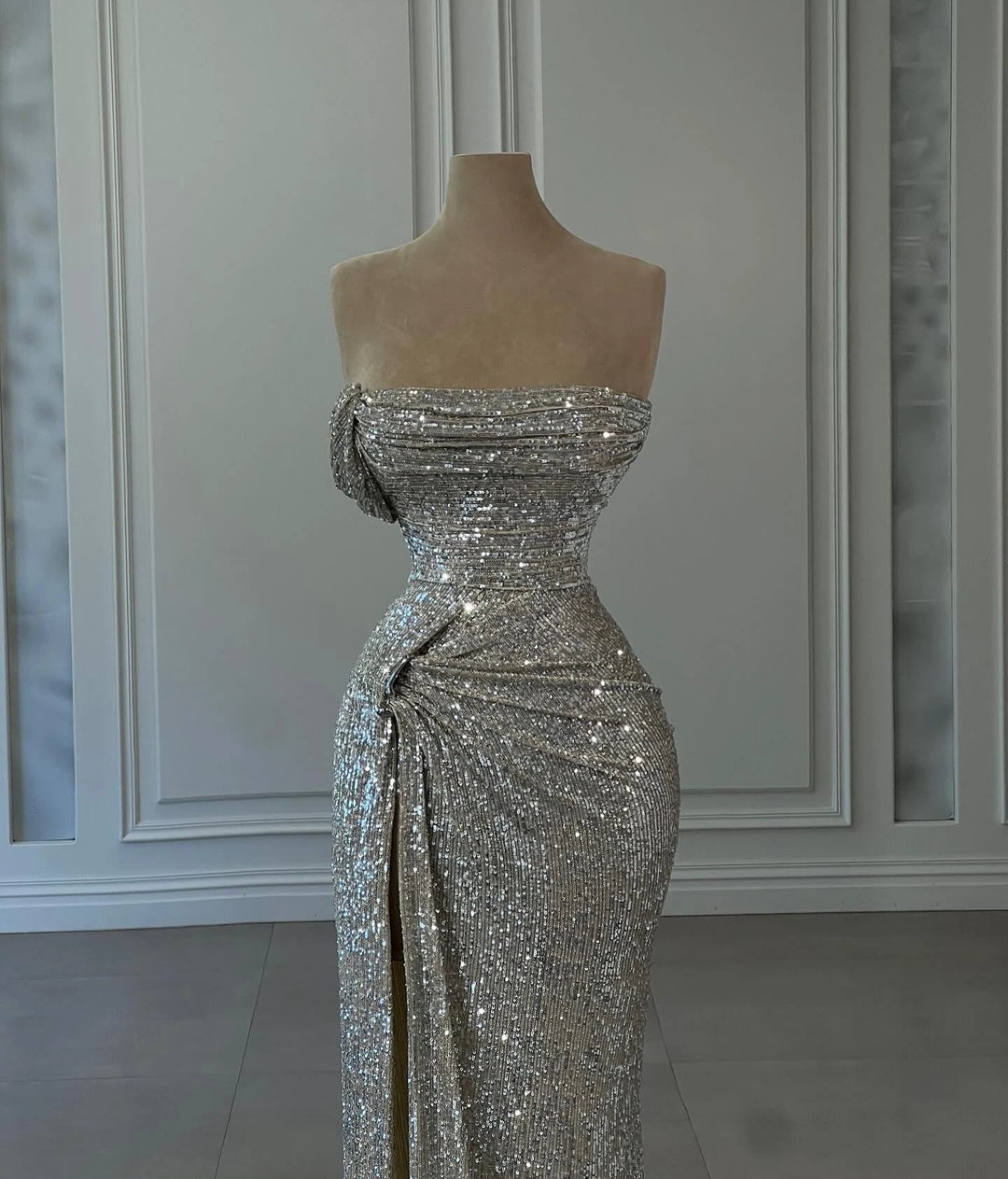 Designer Column Sequined Strapless Sleeveless Prom Dresses With Ruffles by misshow.com