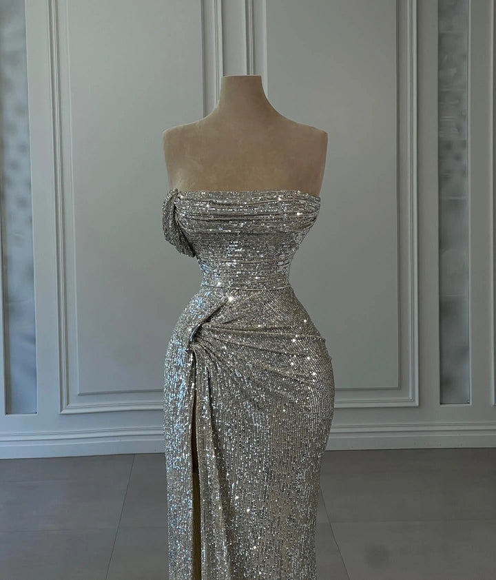 Designer Column Sequined Strapless Sleeveless Prom Dresses With Ruffles by misshow.com