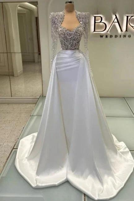 Designer Column Tulle Satin Sweetheart Long Sleeve Prom Dress With Rhinestone by misshow.com
