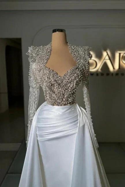 Designer Column Tulle Satin Sweetheart Long Sleeve Prom Dress With Rhinestone by misshow.com
