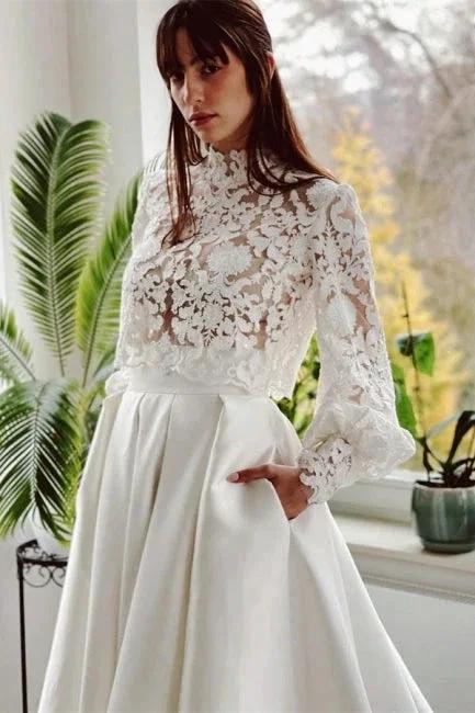 Designer Long A-line High Neck Lace Wedding Dresses With Long Sleeves by misshow.com