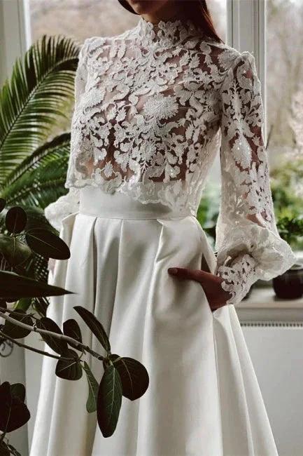Designer Long A-line High Neck Lace Wedding Dresses With Long Sleeves by misshow.com