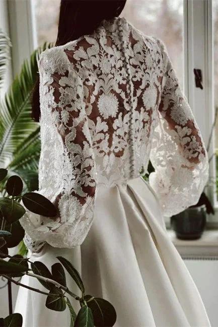 Designer Long A-line High Neck Lace Wedding Dresses With Long Sleeves by misshow.com