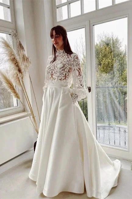Designer Long A-line High Neck Lace Wedding Dresses With Long Sleeves by misshow.com