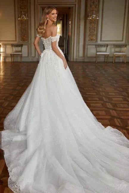 Designer Long A-line Off-the-shoulder Lace Wedding Dresses With Glitter by misshow.com