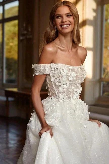 Designer Long A-line Off-the-shoulder Lace Wedding Dresses With Glitter by misshow.com