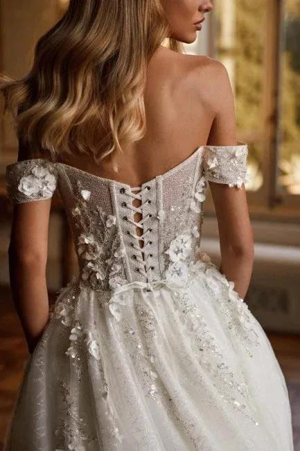 Designer Long A-line Off-the-shoulder Lace Wedding Dresses With Glitter by misshow.com