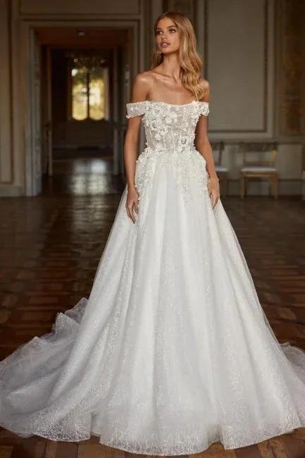 Designer Long A-line Off-the-shoulder Lace Wedding Dresses With Glitter by misshow.com