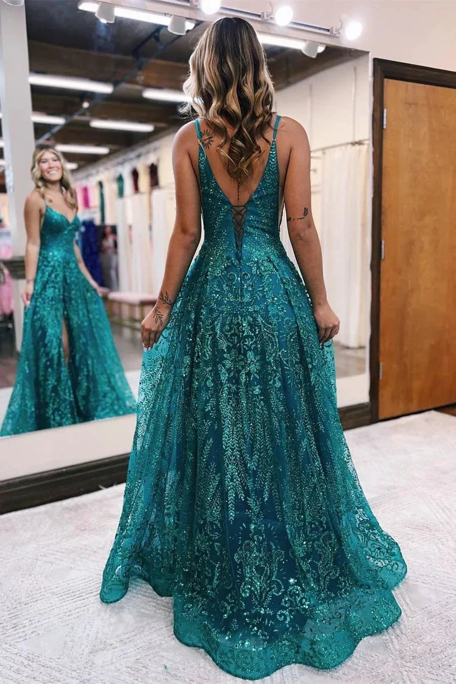 Designer Long A-line Spaghetti Straps Lace Sleeveless Prom Dress With Slit by misshow.com