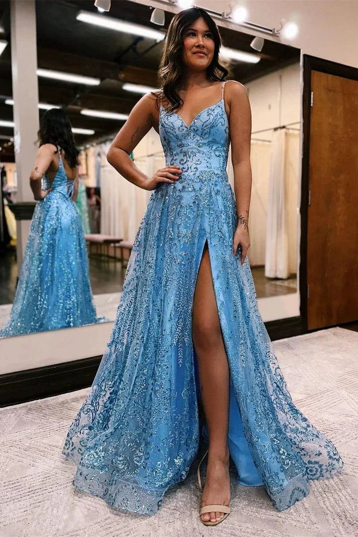 Designer Long A-line Spaghetti Straps Lace Sleeveless Prom Dress With Slit by misshow.com