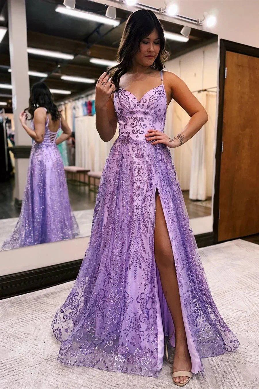 Designer Long A-line Spaghetti Straps Lace Sleeveless Prom Dress With Slit by misshow.com
