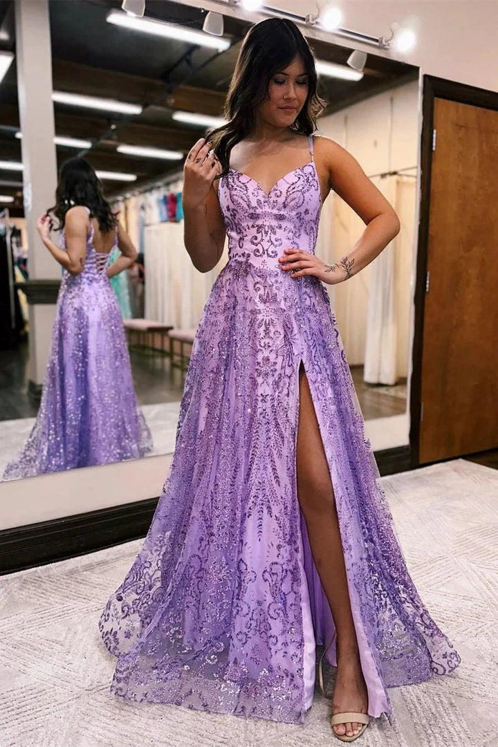 Designer Long A-line Spaghetti Straps Lace Sleeveless Prom Dress With Slit by misshow.com