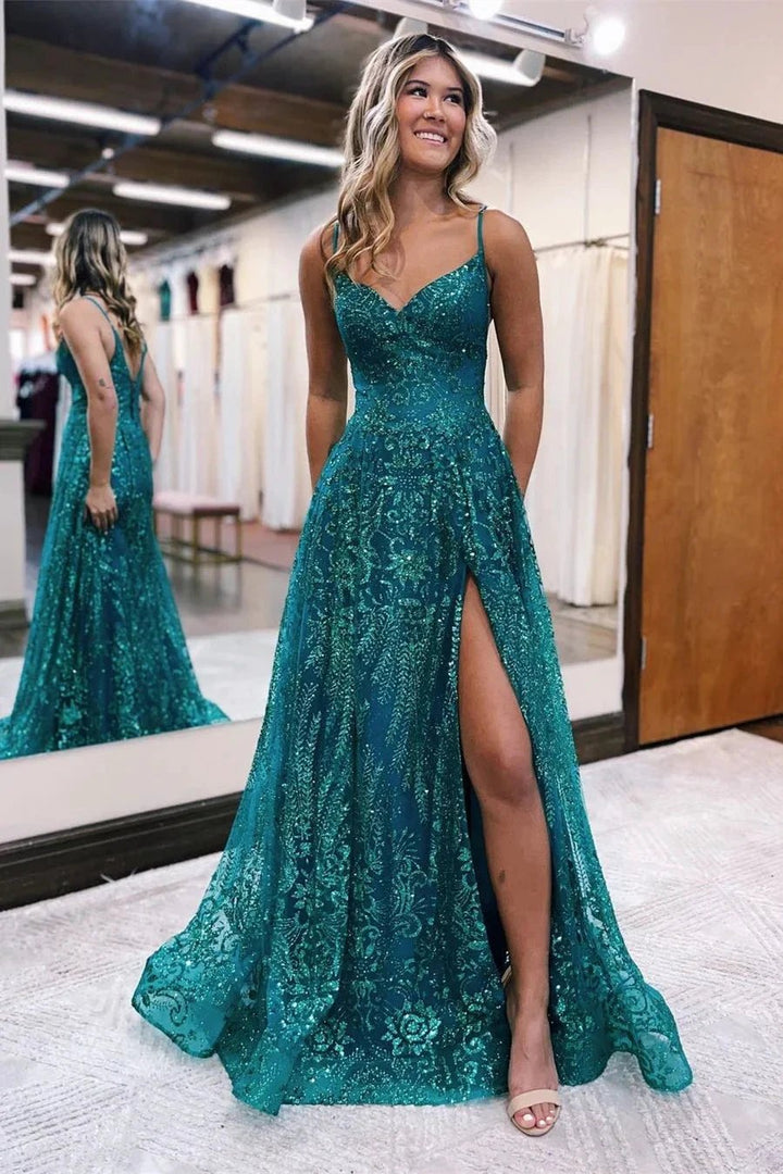 Designer Long A-line Spaghetti Straps Lace Sleeveless Prom Dress With Slit by misshow.com