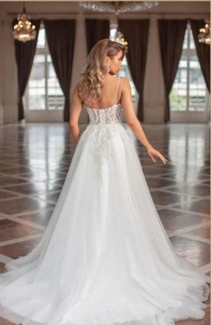 Designer Long A-line V-neck Tulle Sleeveless Wedding Dresses With Lace by misshow.com