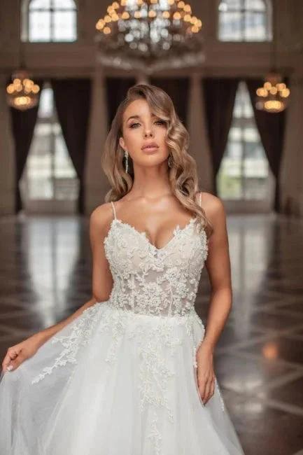 Designer Long A-line V-neck Tulle Sleeveless Wedding Dresses With Lace by misshow.com