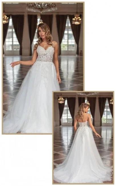 Designer Long A-line V-neck Tulle Sleeveless Wedding Dresses With Lace by misshow.com